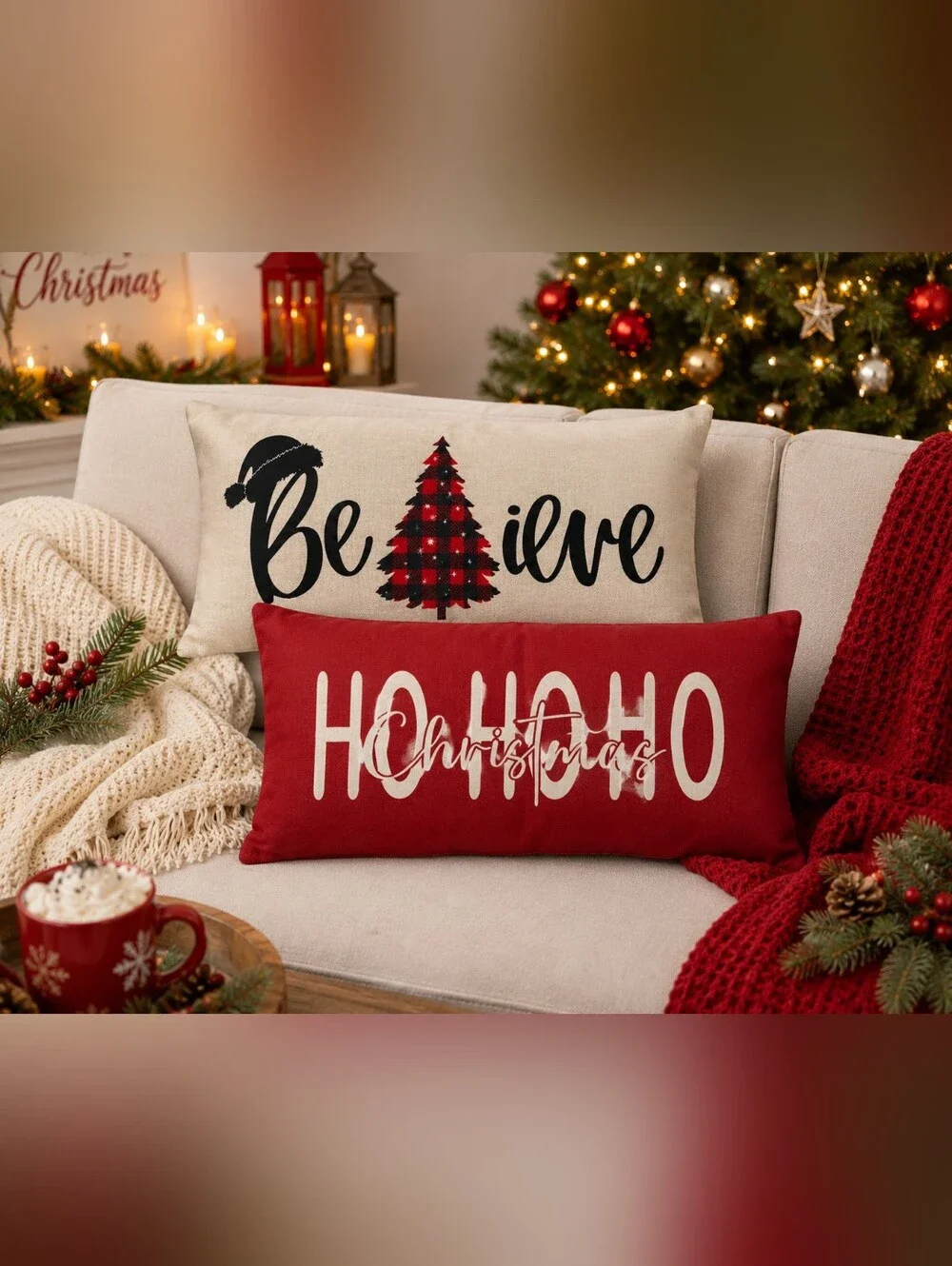 2 Pack Christmas Pillow Covers 12x20 Buffalo Plaid Believe & HoHoHo Farmhouse